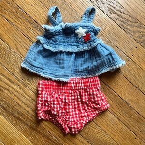 Baby Girl Cat & Jack Blue Ruffled Tank with Red Gingham Diaper Cover size NB